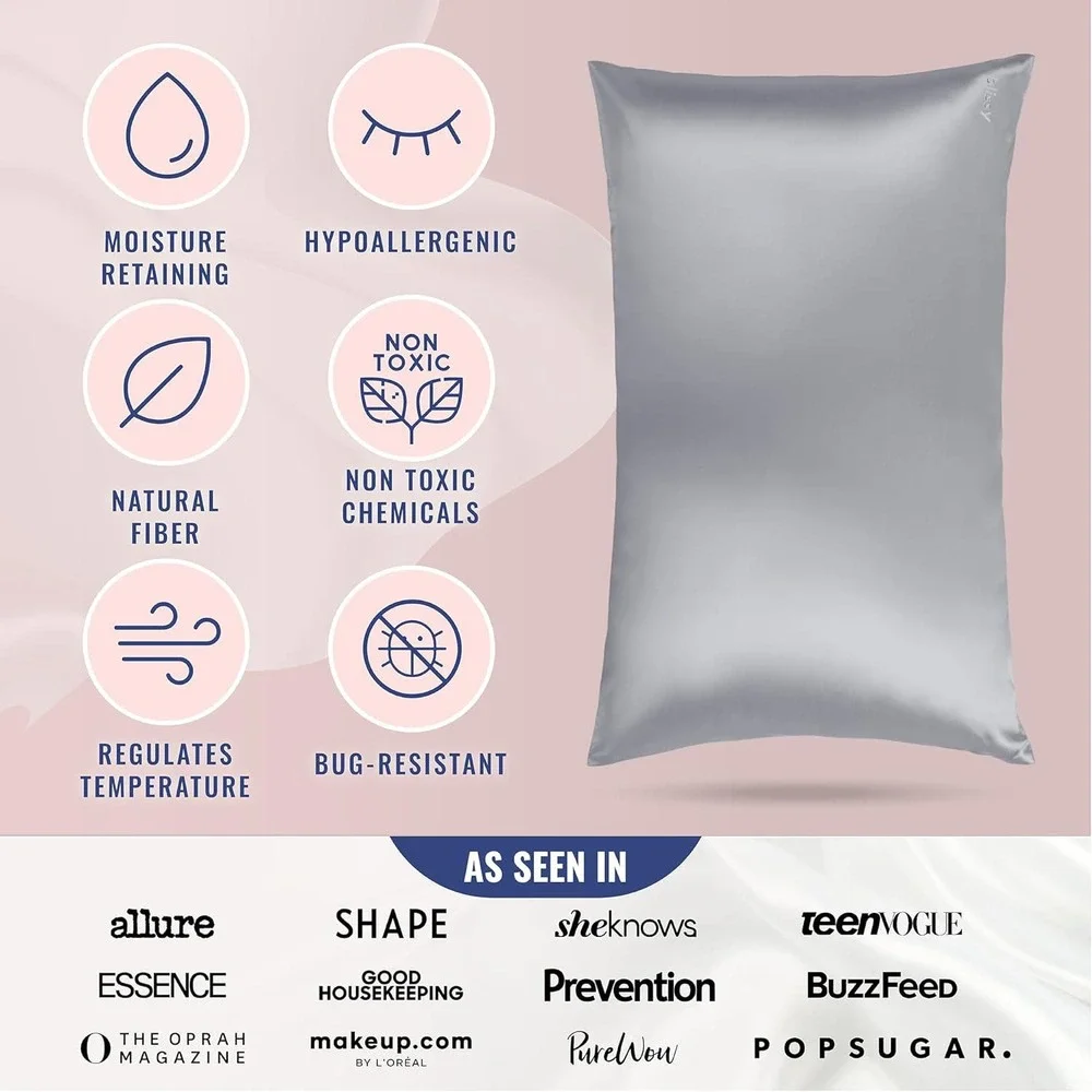 NEW! Blissy 22-Momme‎ Silk Pillowcase, Standard - Silver